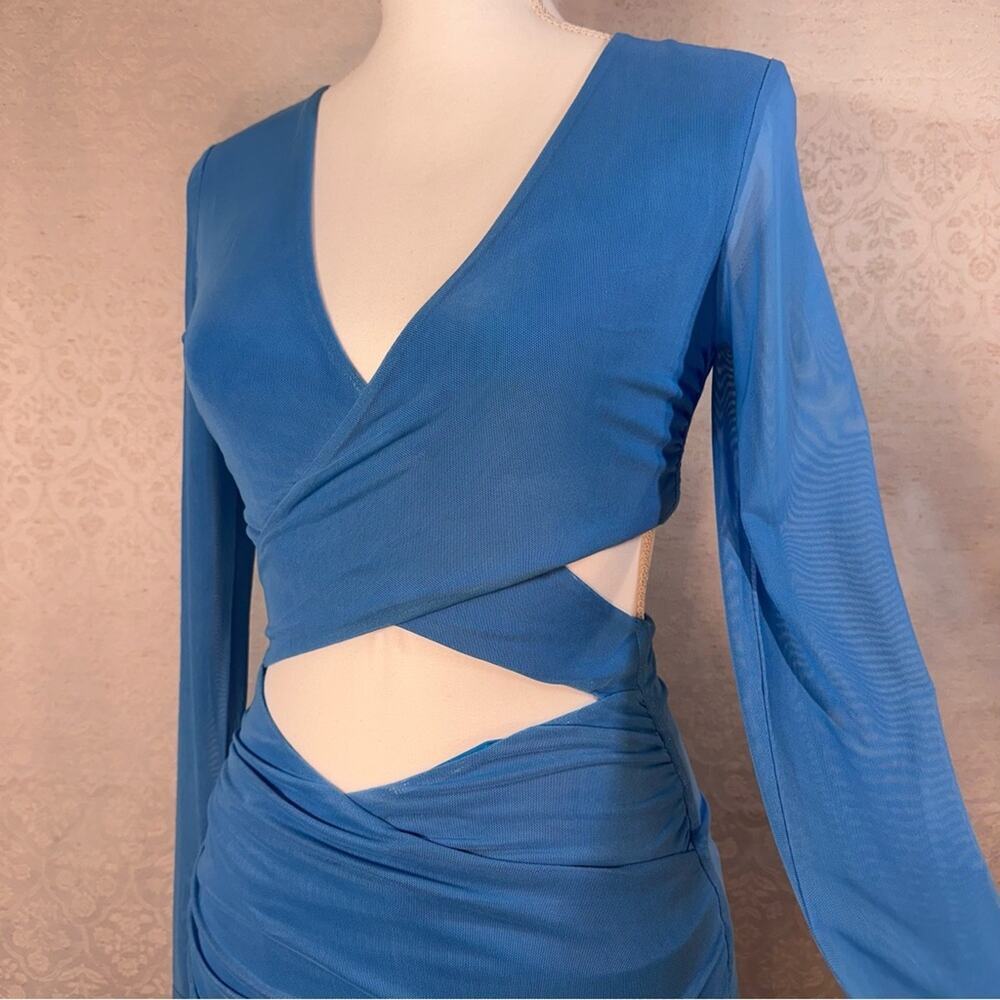 Tiger Mist Jossi Blue Mini Dress Size Small Cut-Out Sheer Long Sleeve Going Out - Picture 6 of 14